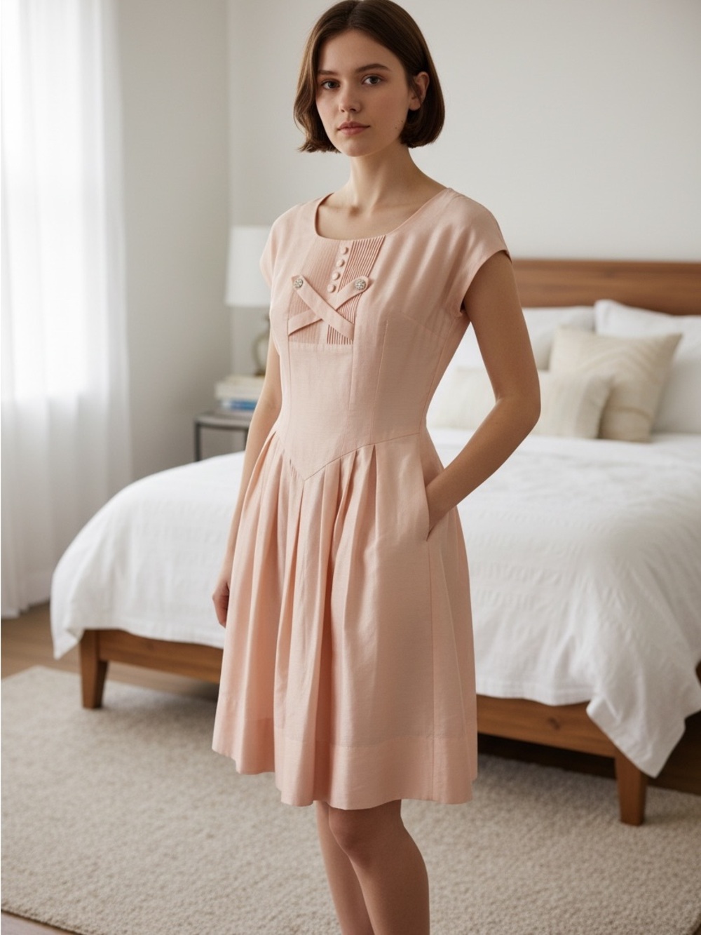 Vtg 60’s Soft Blush Cap-Sleeve Fit & Flare Mini Dress - Picture 1 of 11